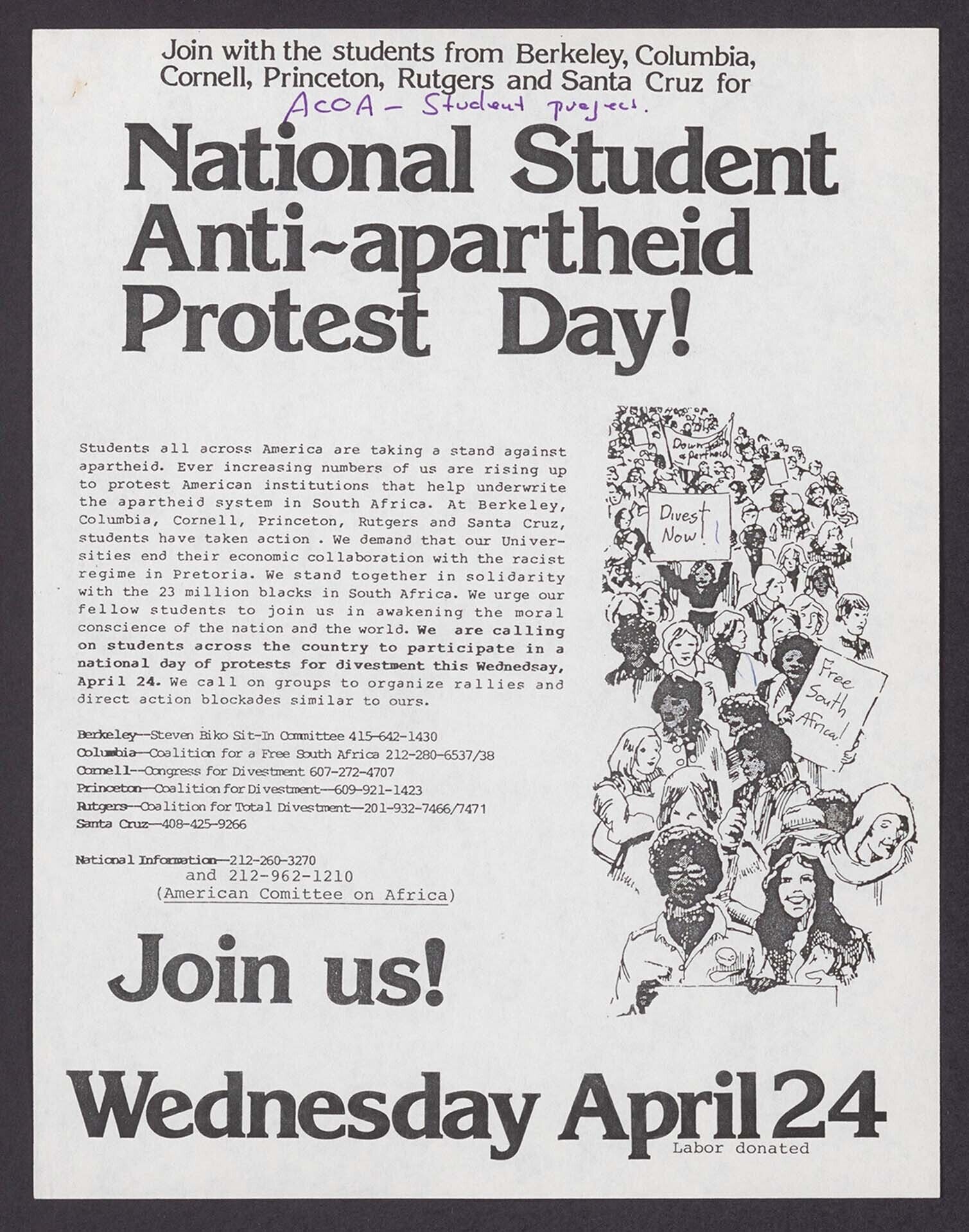 A flyer promoting National Student Anti-apartheid Protest Day with illustrations of students marching