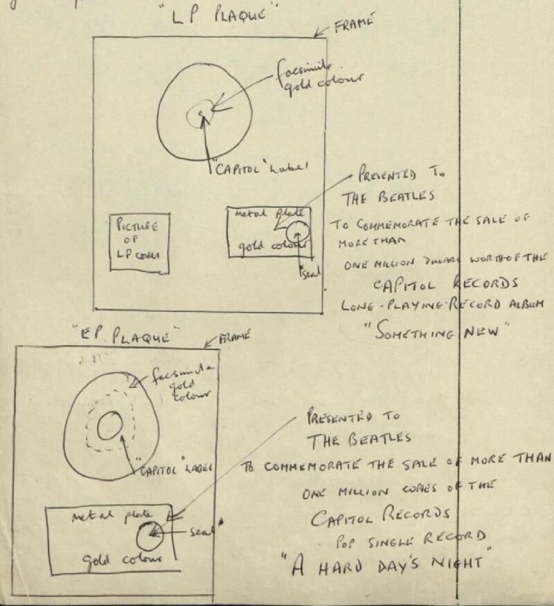 Hand-drawn layout for LP and EP plaques presenting awards to The Beatles for sales milestones with detailed notes.