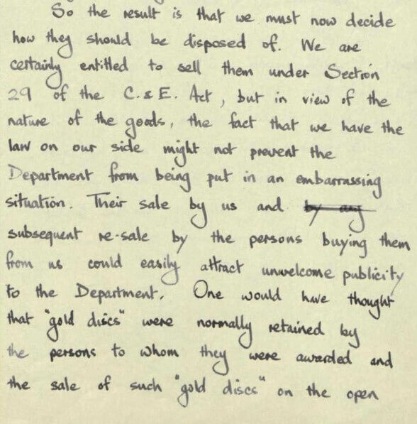 Handwritten text discussing the sale of goods under the C.E. Act, mentioning potential publicity concerns.