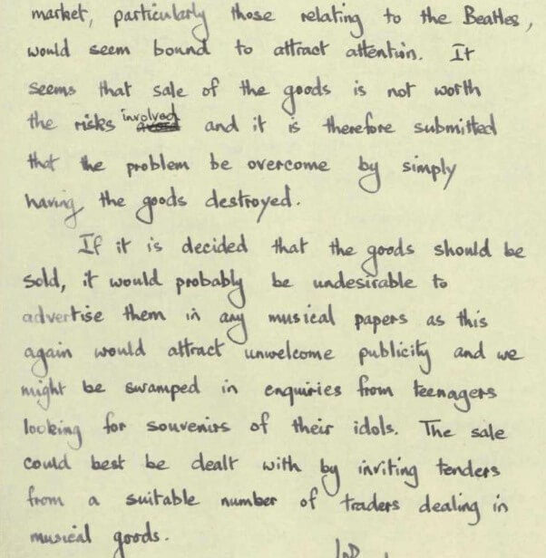 Handwritten note discussing the sale of goods related to The Beatles and the associated risks.