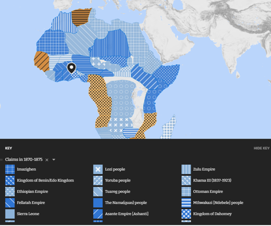 Map of Africa with areas shaded in blue and orange, showing various historical kingdoms and peoples