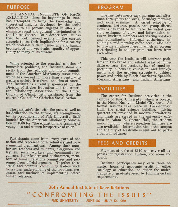 A pamphlet titled 'Confronting the Issues' with sections on purpose, program, facilities and free choice.