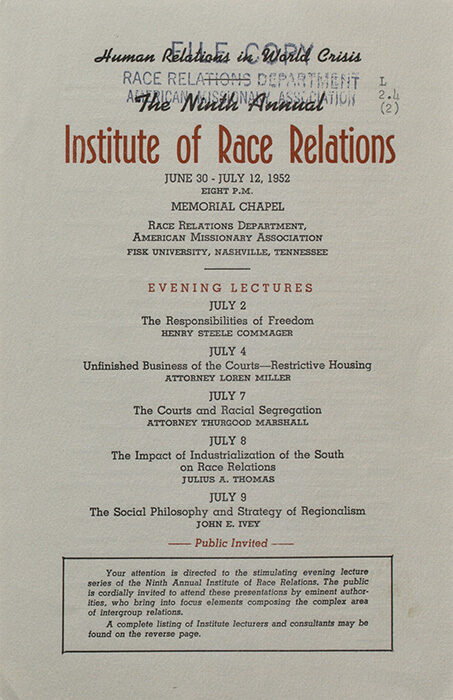 Event program for the Institute of Race Relations, April 1951, detailing lectures and topics.