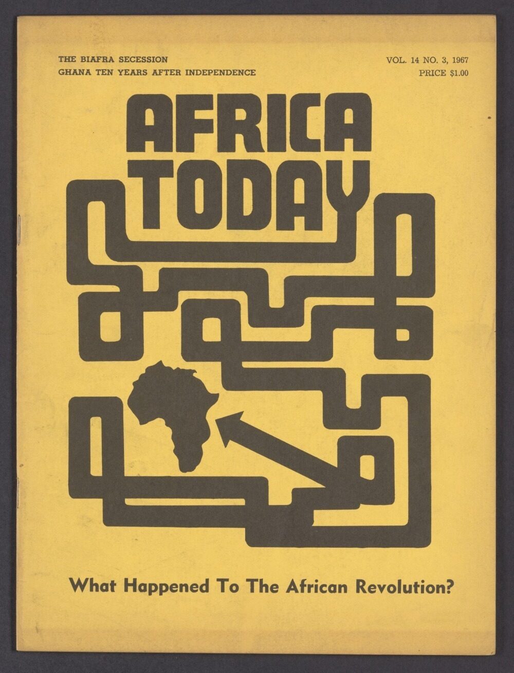 A magazine cover titled 'Africa Today' with a yellow background, featuring a maze and an outline of Africa.