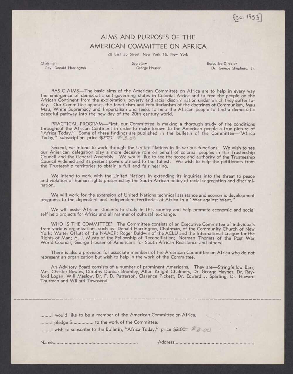 A letter detailing the aims of the American Committee on Africa, discussing self-governance and UN involvement.