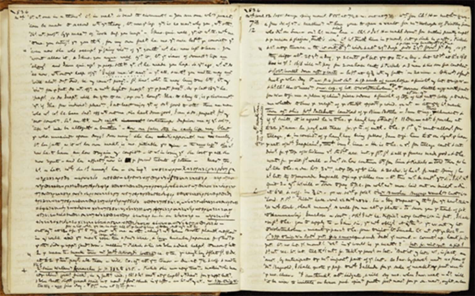 Two open pages of handwritten text with dense lines and margin notes