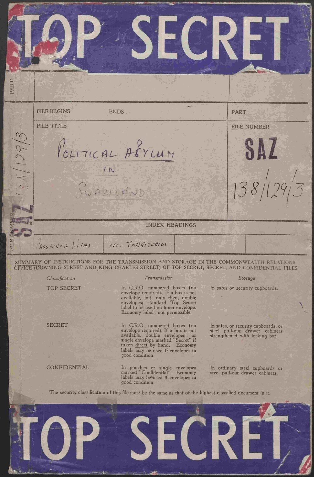 A top secret document about political asylum in Swaziland, showing detailed transmission and storage instructions.