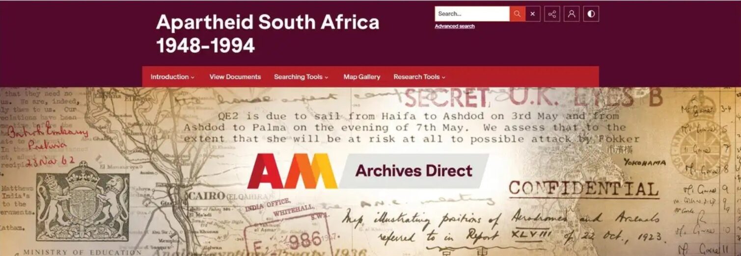 Website banner for Apartheid South Africa 1948-1994, featuring maps and archival documents.