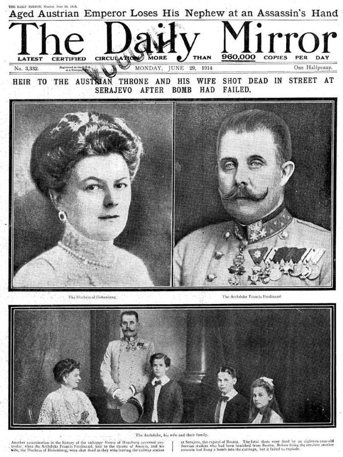 Historic newspaper headline about the assassination of Archduke Francis Ferdinand and Duchess of Hohenberg.