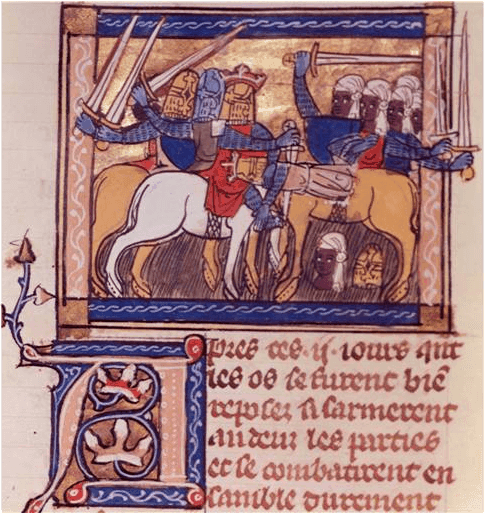 Medieval illustration of armoured knights on horseback with another group nearby, with intricate calligraphy underneath.