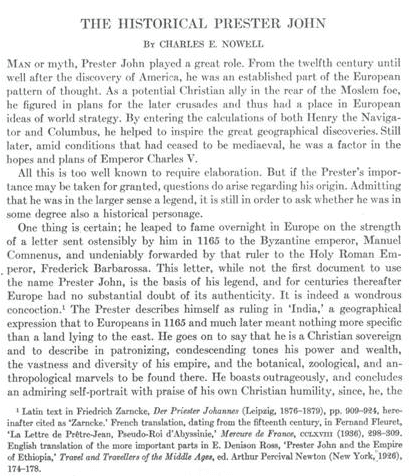 A text document titled 'The Historical Prester John' by Charles E. Nowell, discussing Prester John's role in European history.
