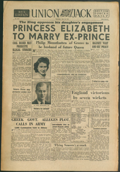 Historic newspaper front page featuring headlines about Princess Elizabeth's engagement and other news