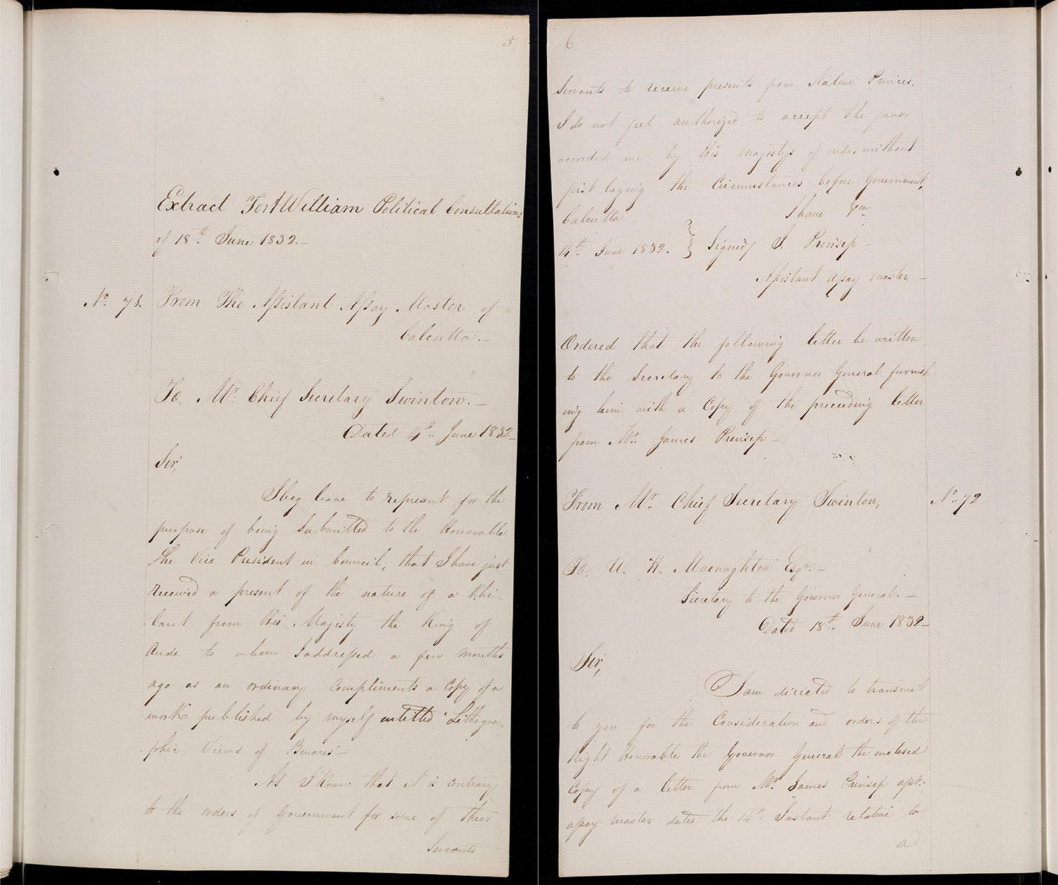 Two pages of handwritten document dated June 18, 1832, with formal correspondence.
