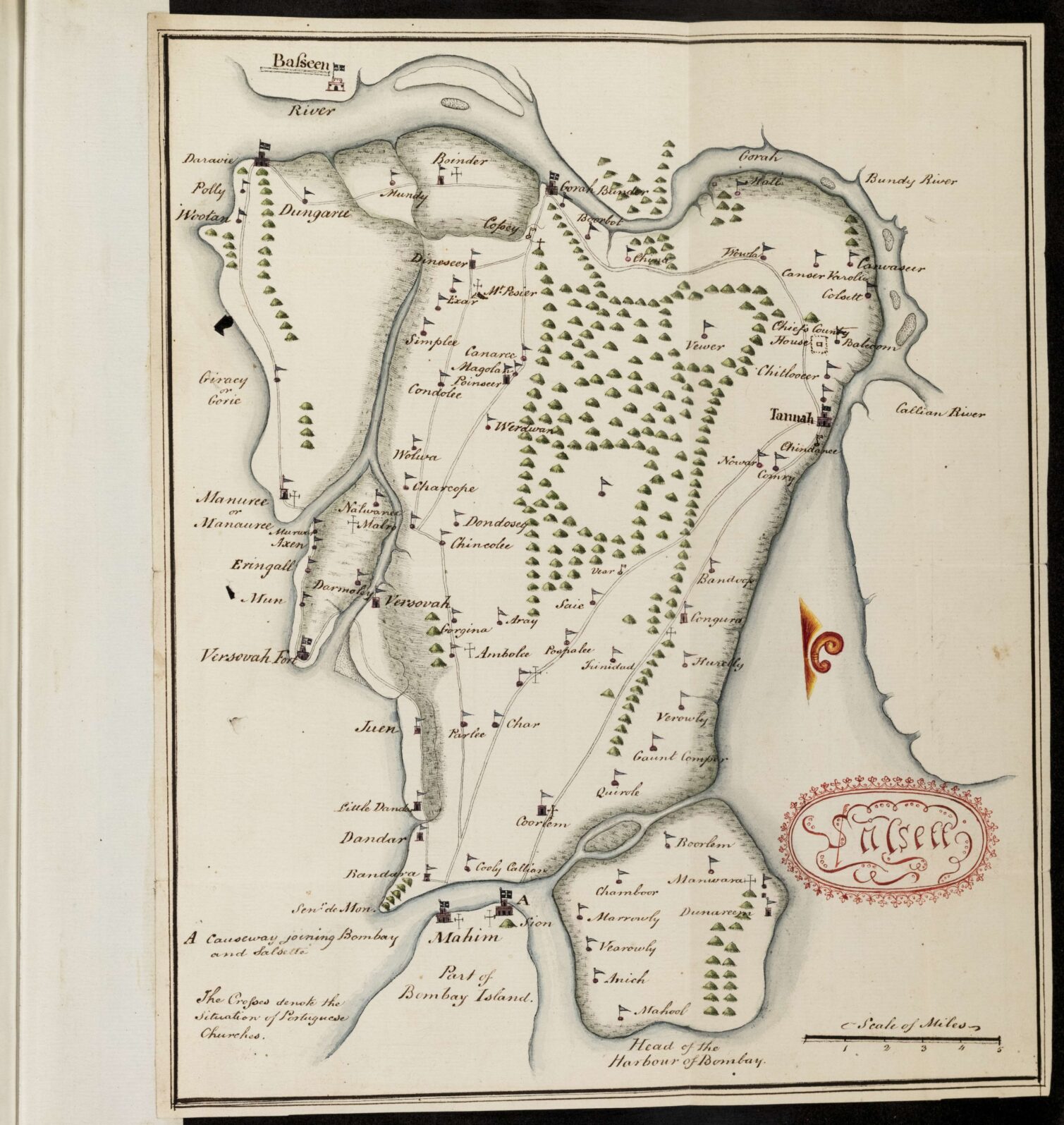 A historic map of an island featuring roads, landmarks, and a compass rose