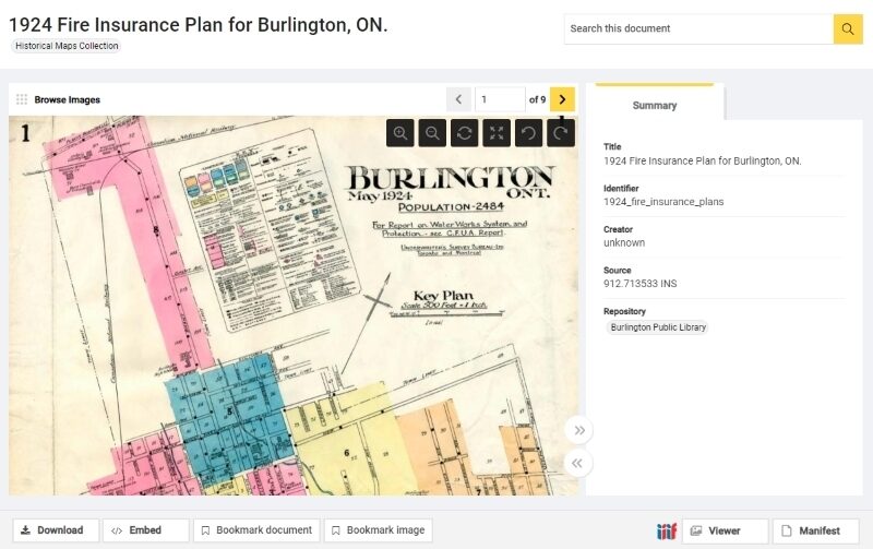 A 1924 fire insurance map of Burlington, Ontario showing property outlines and annotations.