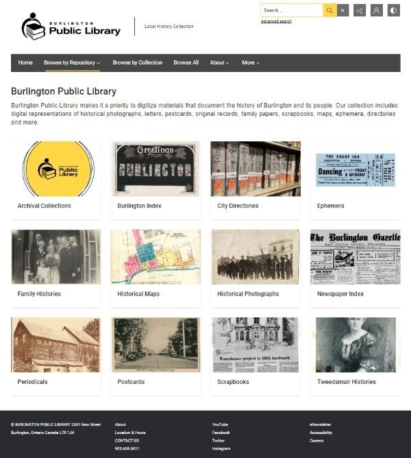 Website layout for Burlington Public Library showing local history collections like archival collections and historical maps.