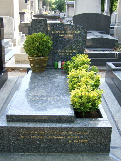 A grey granite grave with two headstones, surrounded by small green plants and a pot of foliage.