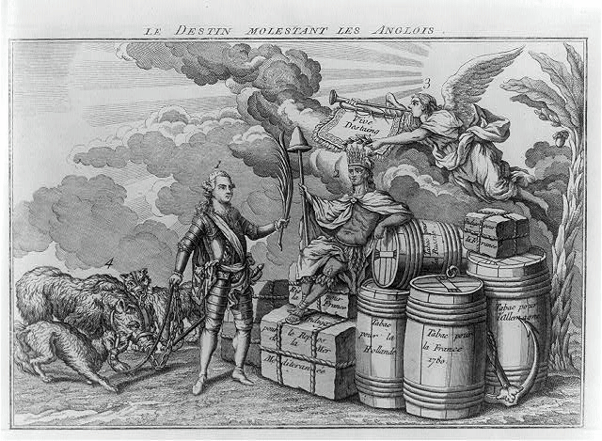 An allegorical image depicting a soldier and a seated figure surrounded by goods and an angel.