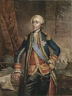 A portrait of Comte d'Estain, in a blue and gold military uniform with a sash, posing with one hand on his hip.