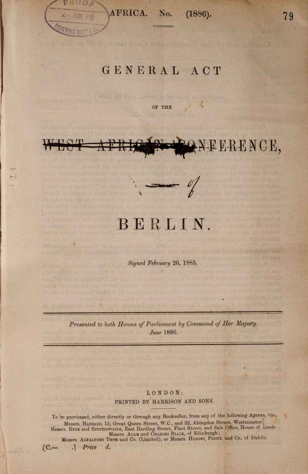 Document titled 'General Act of the Conference of Berlin' dated April 25, 1885, with a stamped mark