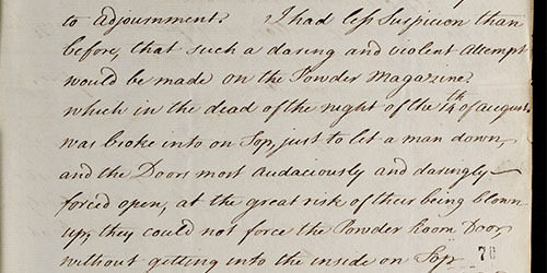 Handwritten page with densely packed text, discussing a historical event