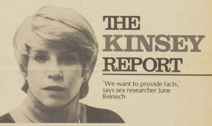 Black and white article header for 'The Kinsey Report' with a woman’s portrait and quote about providing facts