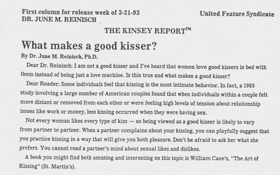 An excerpt from a column asking what makes a good kisser, by Dr. June M. Reinisch