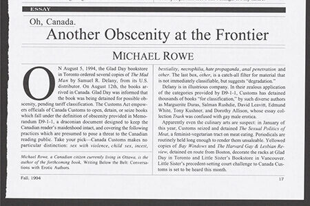 A printed article titled 'Oh, Canada. Another Obscenity at the Frontier' by Michael Rowe