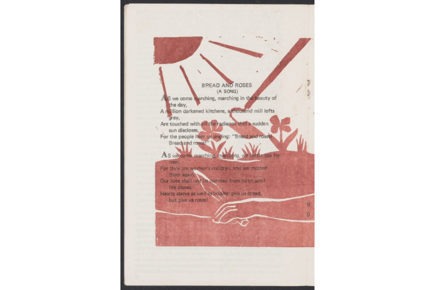 A page of a book showing a red illustration of hands, flowers, and sun rays, with text