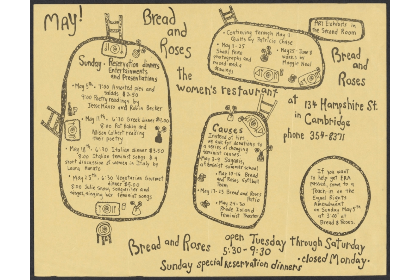 A hand-drawn flyer for Bread and Roses restaurant featuring events, hours, and location details