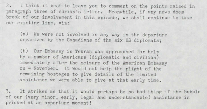 A typed letter discussing the involvement of an embassy in aiding diplomats during a crisis.