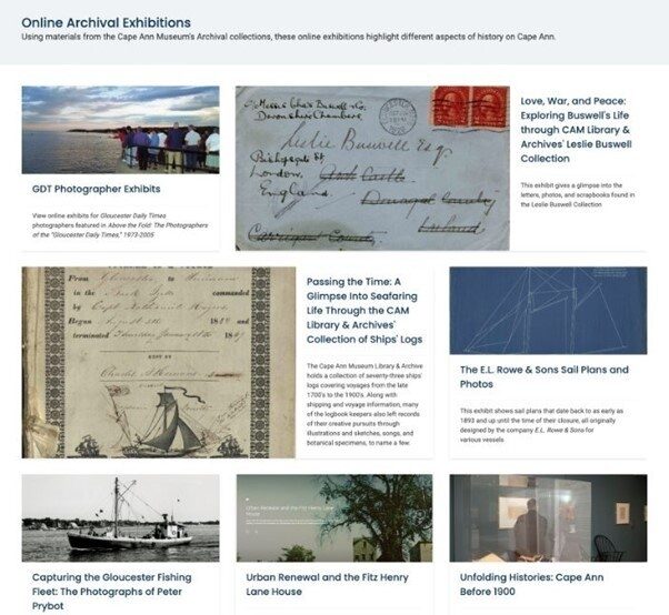 A webpage displaying various online archival exhibitions related to Cape Ann's history.