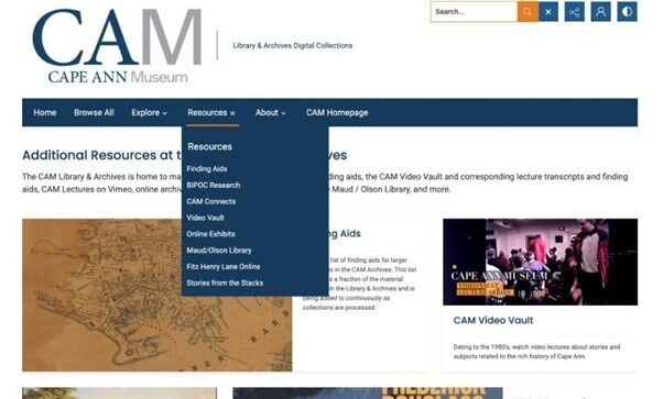 Screenshot of the Cape Ann Museum website with navigation menu and resource options.
