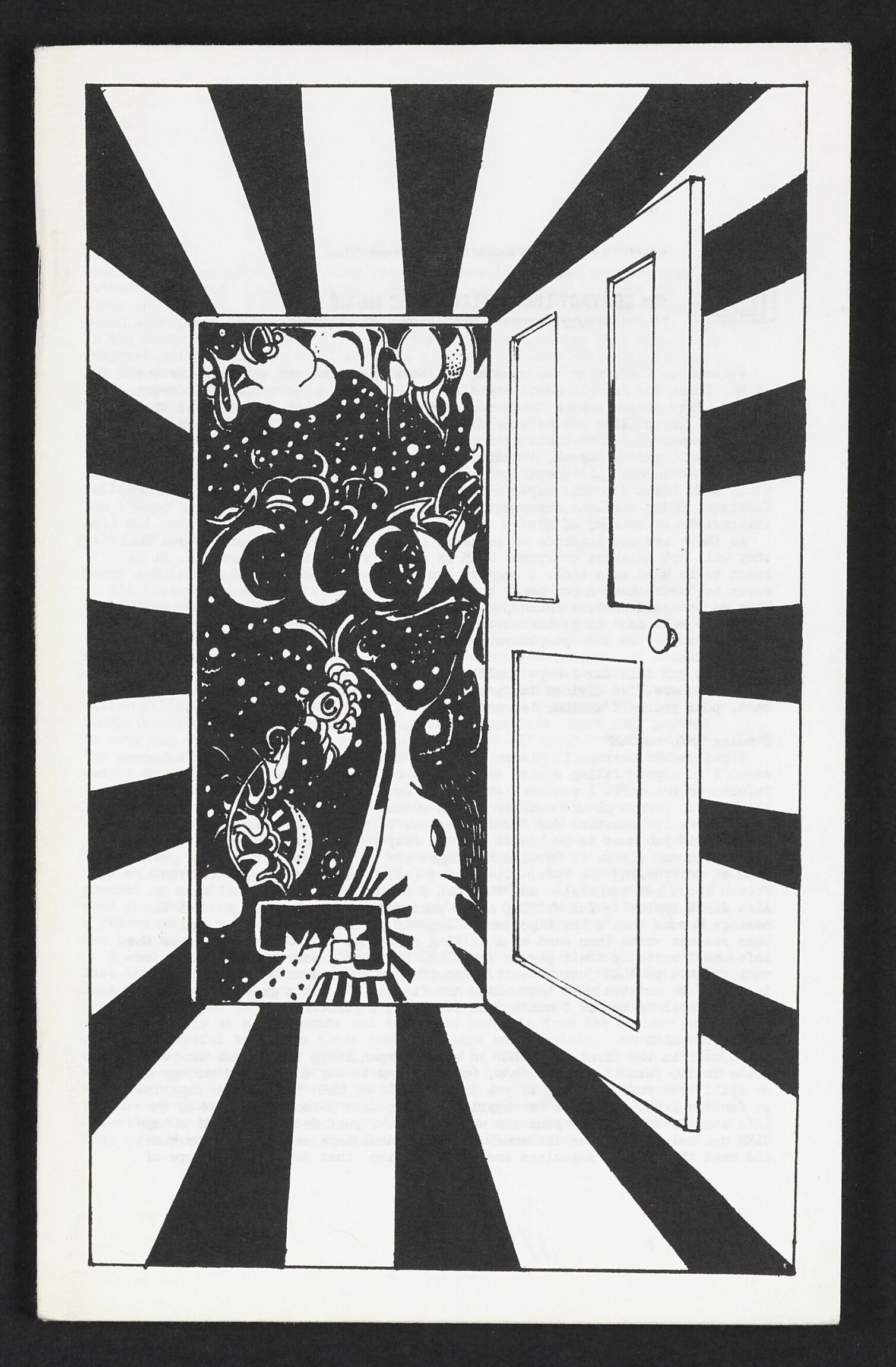 A doorway with a cosmic scene inside, surrounded by bold black and white rays