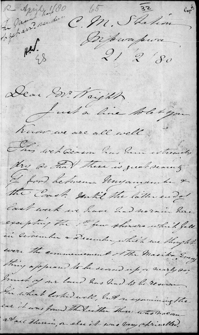 Handwritten letter dated 21 February 1880, written in ink on a single page. Several paragraphs of correspondence are annotated with handwritten notes and marginalia.