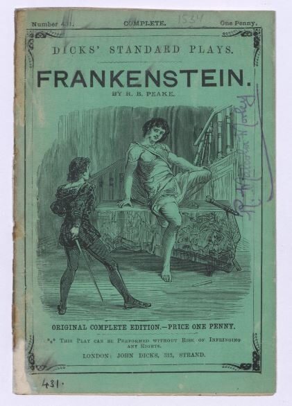 Vintage green cover of 'Frankenstein' play by R. B. Peake, featuring characters and text.