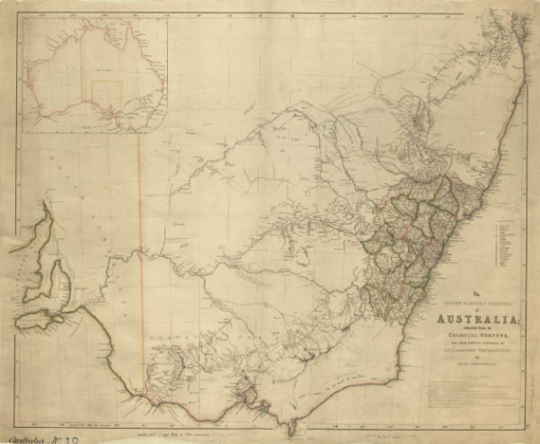 A historic map of Australia showing the eastern region with topographical details and an inset of the continent.