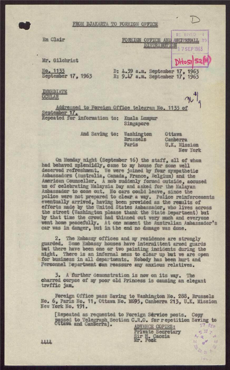 A typed document with a header and dates, containing formal correspondence
