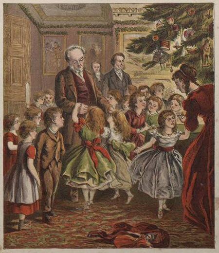A festive Christmas scene with children dancing around an older man by a decorated tree.