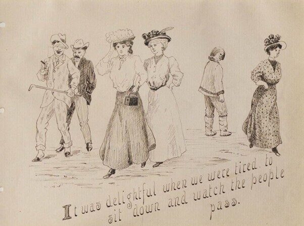 A sketch of men and women in Victorian attire.