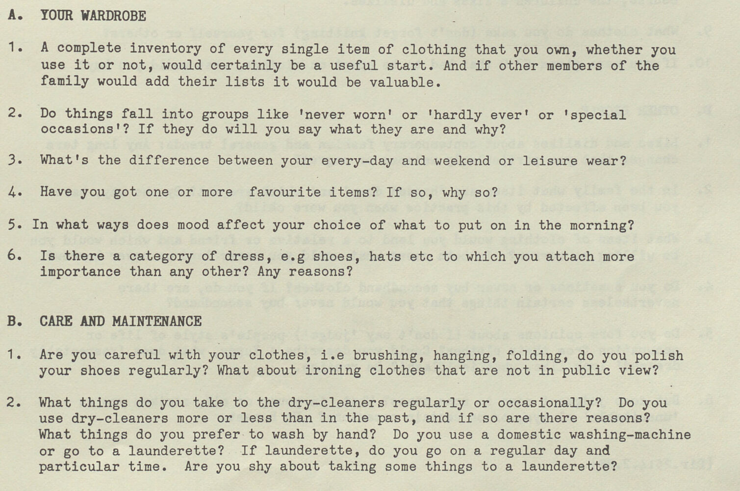 A typed questionnaire with four sections about wardrobe and care habits