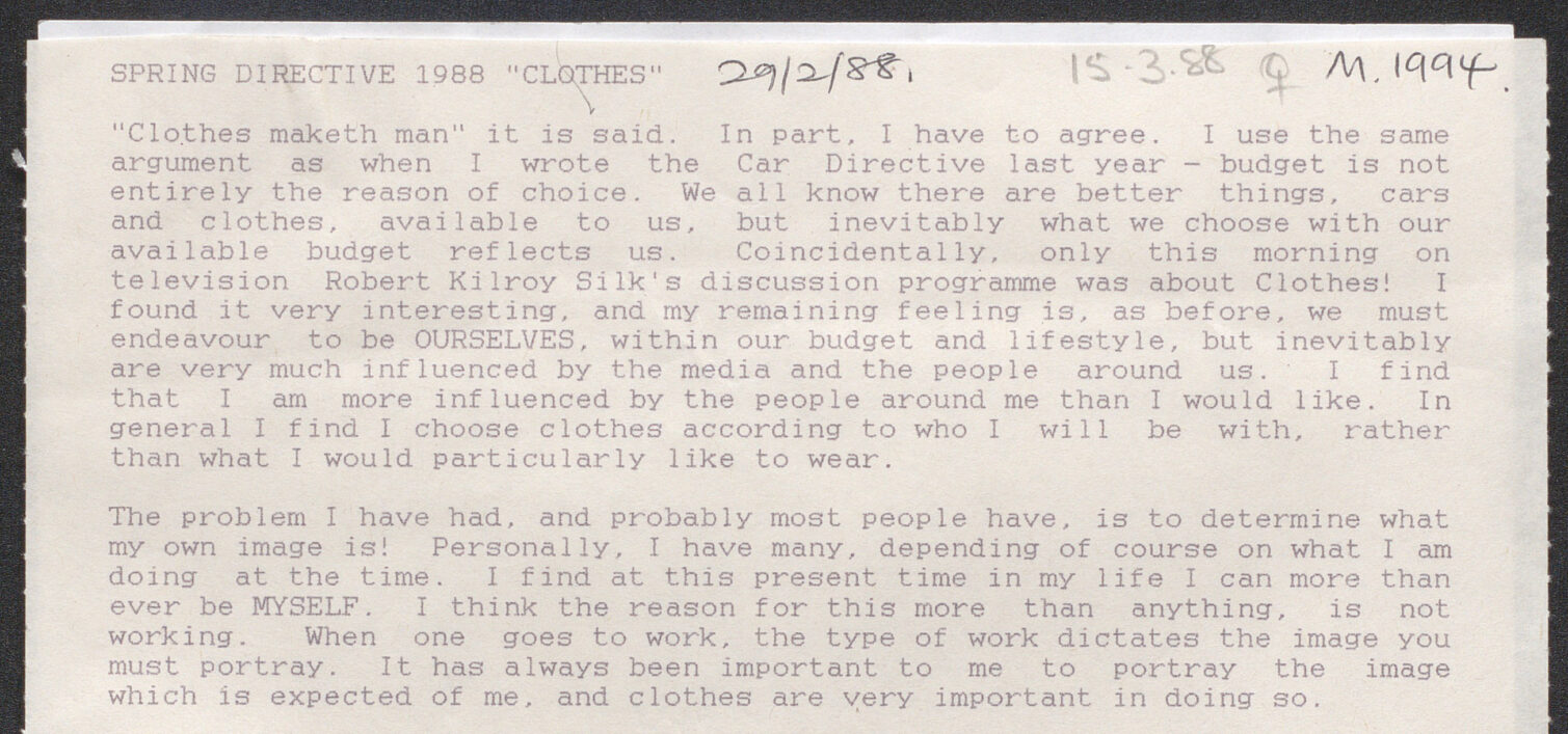 A typed page discussing clothing directives and budget considerations