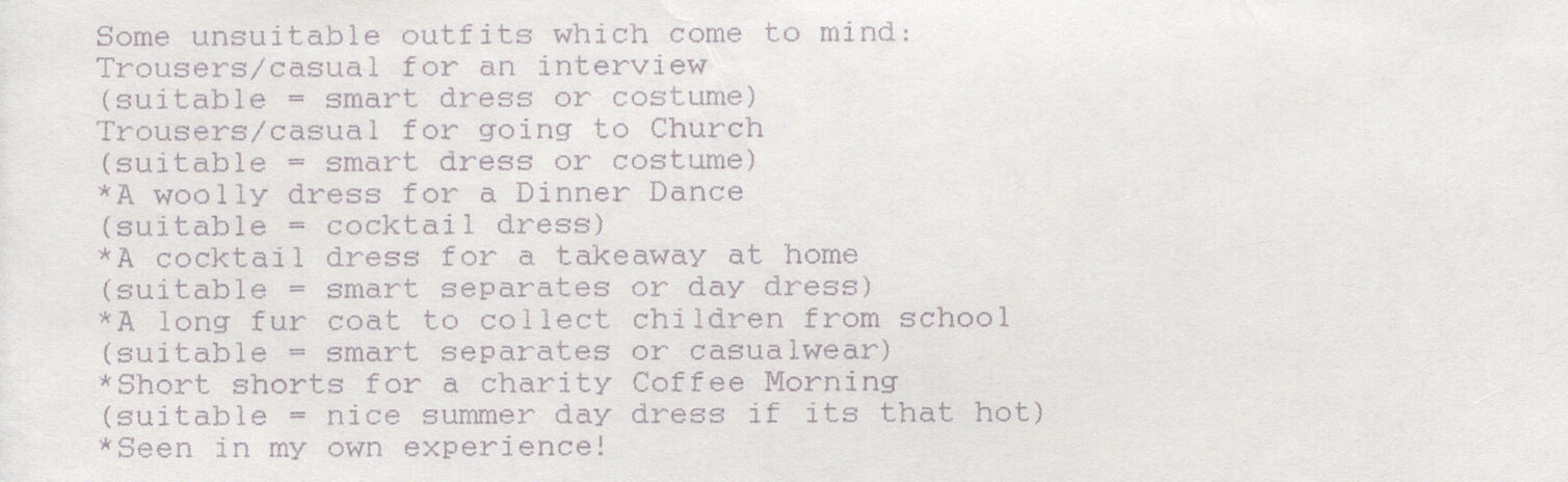 A list of suitable outfits for various occasions, such as interviews and casual outings