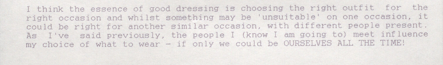A handwritten note discussing the importance of choosing the right outfit for different occasions