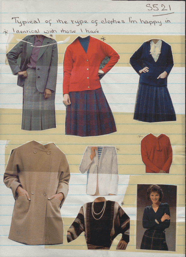A collection of women's clothing items including skirts, cardigans, and blouses, arranged on a background
