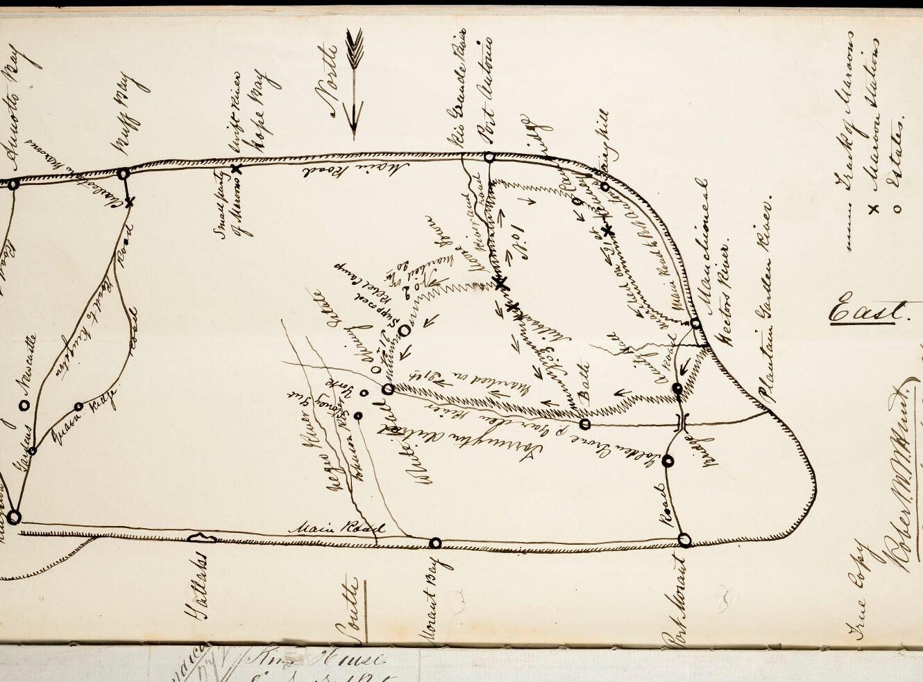 A hand-drawn map showing pathways and landmarks, labelled with names and directions