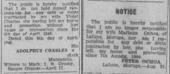Two newspaper notices denying responsibility for debts of wives, dated 1946 and 1944.