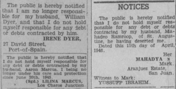 Two newspaper notices about financial responsibility, dated 1945 and 1946.