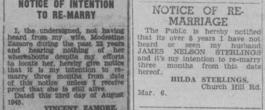 Two newspaper notices. Left: Vincent Zamore's intention to remarry after 22 years. Right: Hilda Sterlings' notice about her husband James Nelson Sterlings.