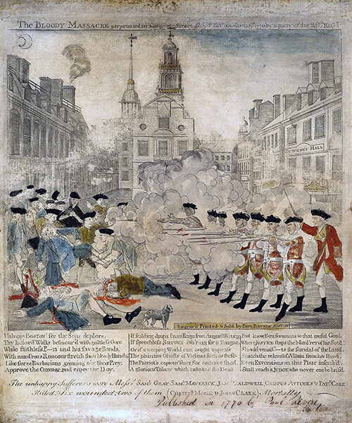 Historic scene showing soldiers in red coats firing on a crowd in a city street, with smoke and chaos